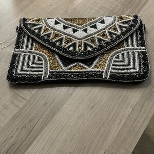 KayLee Beaded Clutch with Black; White, Gold Beaded Envelope Bag with Chain